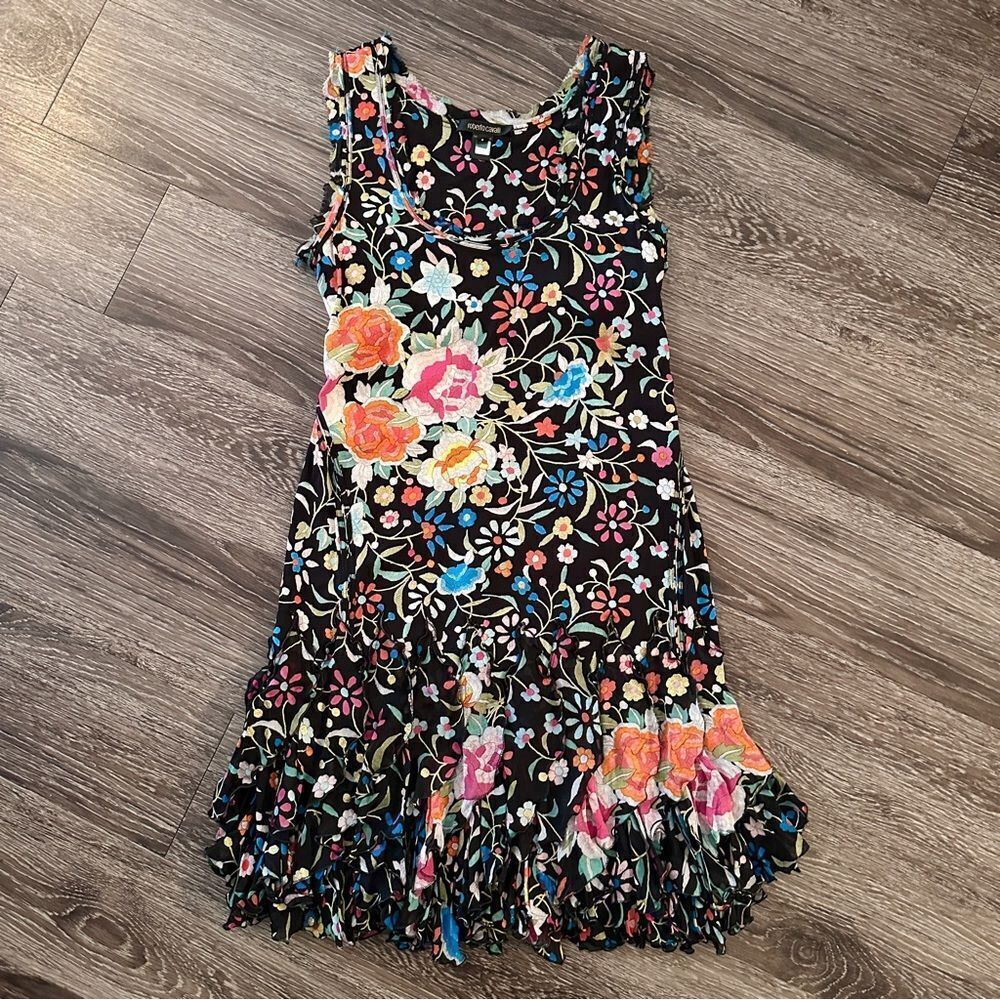Roberto Cavalli Black Floral Sleeveless Dress with Multicolor Embroidery